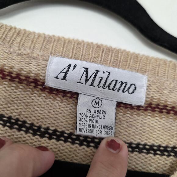 Vtg Striped Vneck Sweater Womens M Brown Wool Blend 70s Bohemian Neutral Minimal - Picture 7 of 9